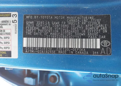 2008 Toyota Corolla S from USA, damaged, VIN 2T1BR32E88C927192